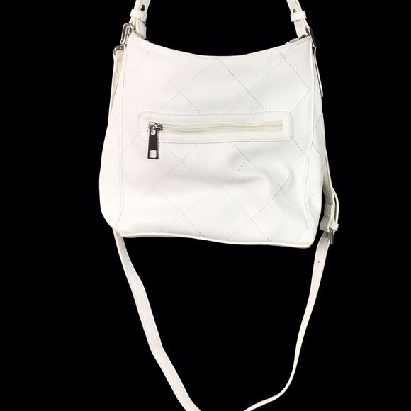 Sondra Roberts White Faux Leather Shoulder Bag Multi Zip Pockets Medium - Picture 2 of 16